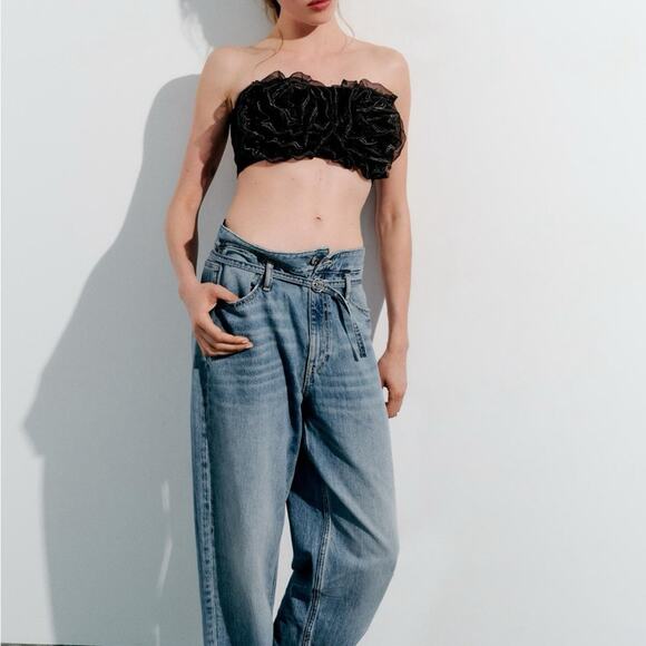 Zara Black Organza Flower Maxi Bandeau Top NWOT Size Small - Picture 3 of 9